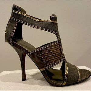 Tory Burch, olive green metallic, cut out, back zip, heels, size 8m